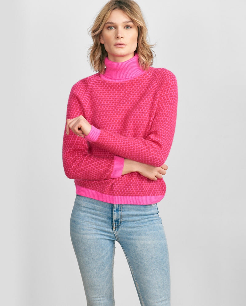 Honeycomb Cashmere Roll Neck in Hot Pink and Cherry