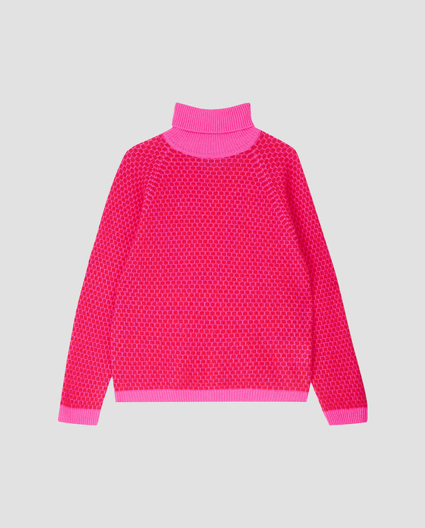 Honeycomb Cashmere Roll Neck in Hot Pink and Cherry